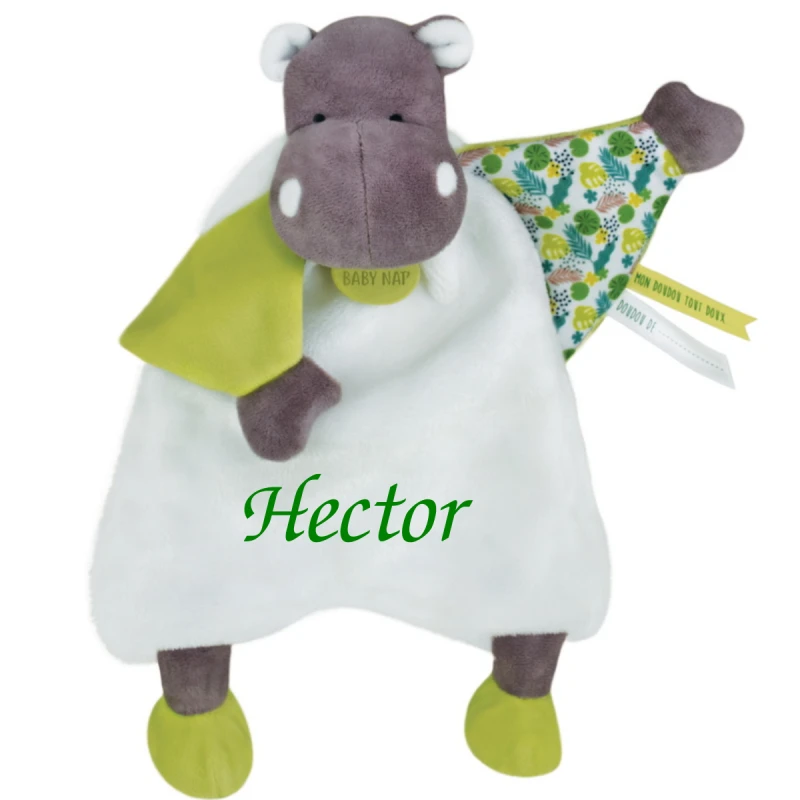 Baby'Nat - Bazile L'hippo - Doudou Vert Blanc Jungle 25 Cm