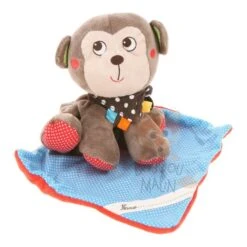 Nicotoy Chouchou Doudou Mouchoir Singe Marron Bleu Rouge