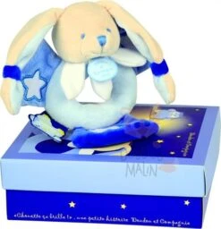 Doudou Et Compagnie Collection Chouette ça Brille Hochet Lapin Bleu Blanc étoile
