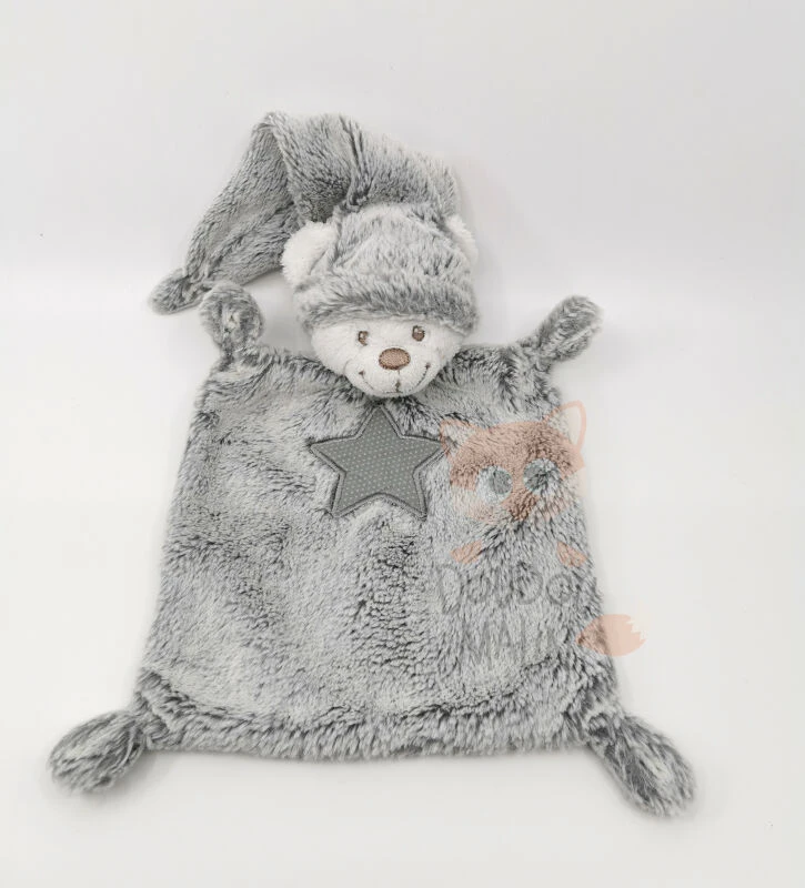 Nicotoy - Doudou Plat Ours Gris Blanc Bonnet étoile 25 Cm
