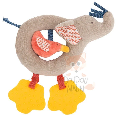 Moulin Roty Collection Les Papoums Hochet Anneau éléphant Gris Rose Jaune Oiseau