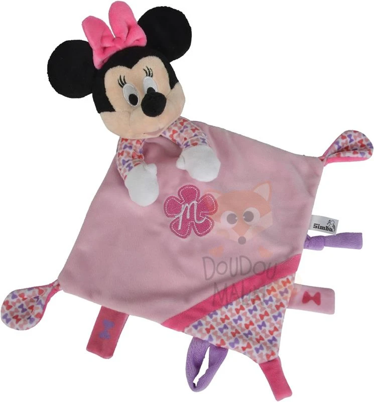 Disney - Minnie La Souris - Doudou Plat Rose Violet Fleur Noeud 25 Cm