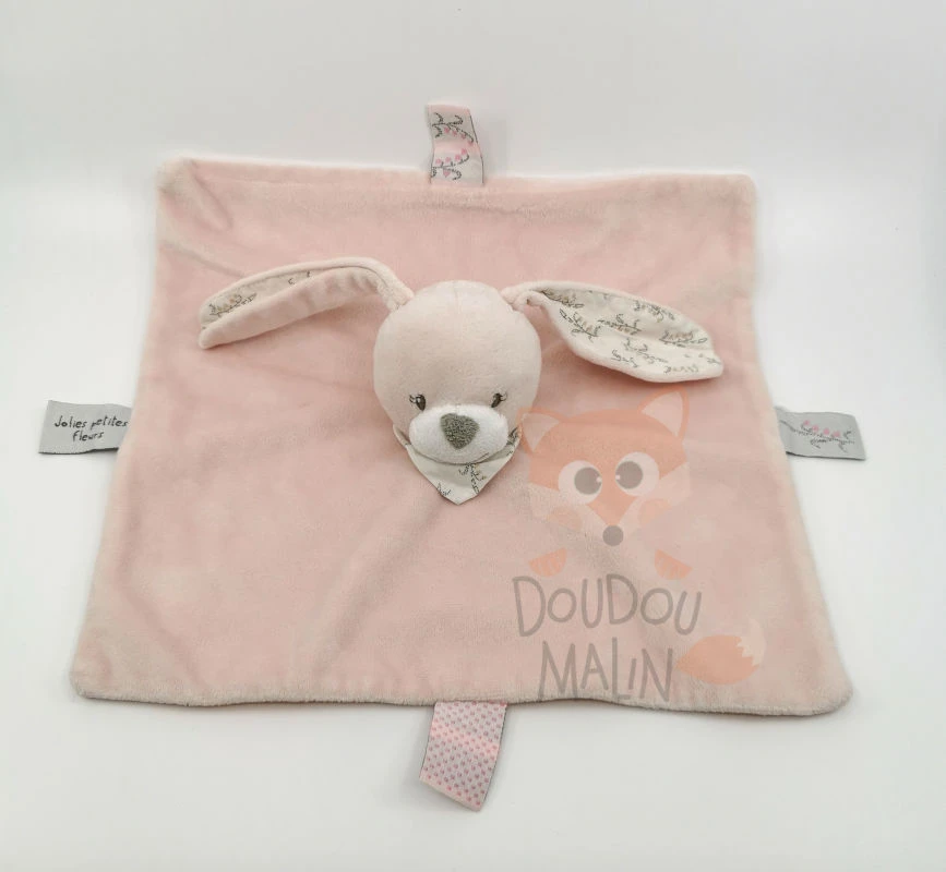 Bout'chou Doudou Plat Lapin Rose Jolies Petites Fleurs 25 Cm