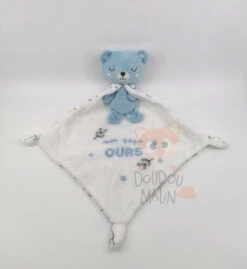 Mots D'enfants Doudou Plat Mon Papa Ours Bleu Blanc 30 Cm