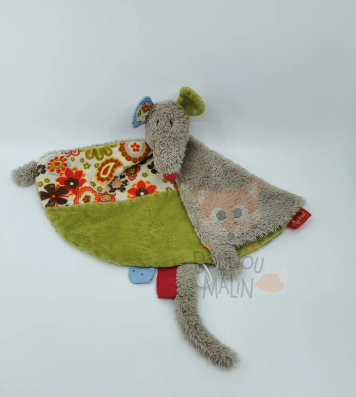 Sigikid - Doudou Plat Souris Rat Gris Vert Rouge Fleur 25 Cm