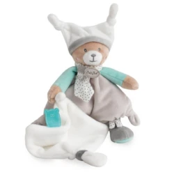 Baby'Nat - Polochon L'ours Doudou Mouchoir Bleu Vert Gris