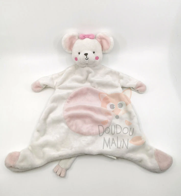 Kimbaloo Doudou Souris Plat Blanc Rose 40 Cm